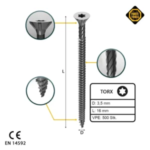 FORTE Tools Tornillo universal para madera, 3,5 x 16 mm, T15, plateado, cabeza avellanada Torx, rosca completa, 500 unid....