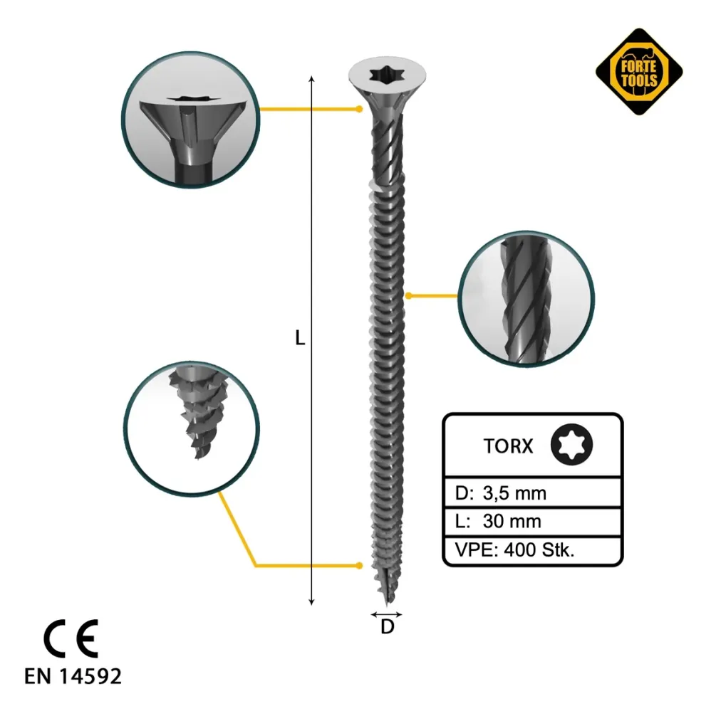 FORTE Tools Tornillo universal para madera 3,5 x 30 mm T15, plateado, cabeza avellanada Torx, rosca completa, 400 unid. (2...