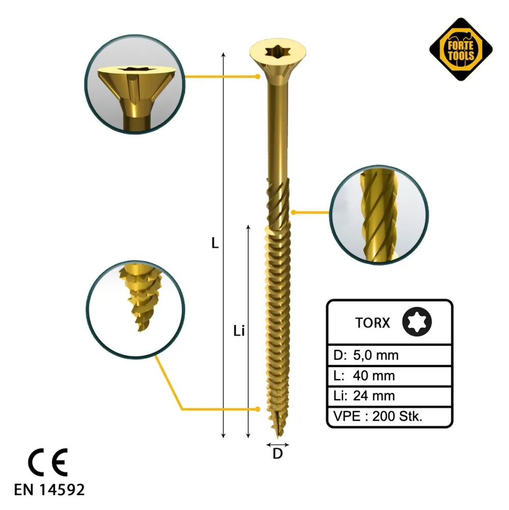 FORTE Tools tornillo universal para madera 5,0 x 40 mm T25 200 piezas (000051399485) cabeza avellanada torx zincado amaril...