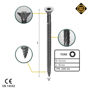 FORTE Tools Tornillo universal para madera 3,0 x 16 mm T10, plateado, cabeza avellanada Torx, rosca completa, 2000 unid. (...