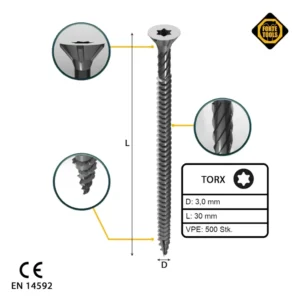FORTE Tools tornillo universal para madera 3,0 x 30 mm T10 500 piezas (000040113859) plateado zincado Torx avellanado rosc...