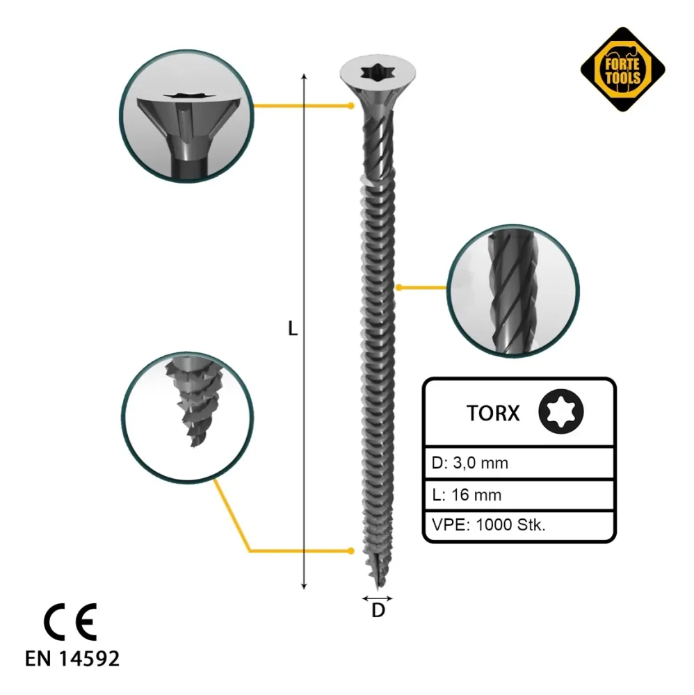 FORTE Tools Tornillo universal para madera 3,0 x 16 mm T10, plateado, cabeza avellanada Torx, rosca completa, 1000 unid. (...