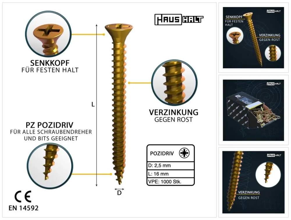 HausHalt Tornillo universal para construcción de madera tornillo para madera 2,5 x 16 mm PZ1 1000 piezas (000051371121) am...