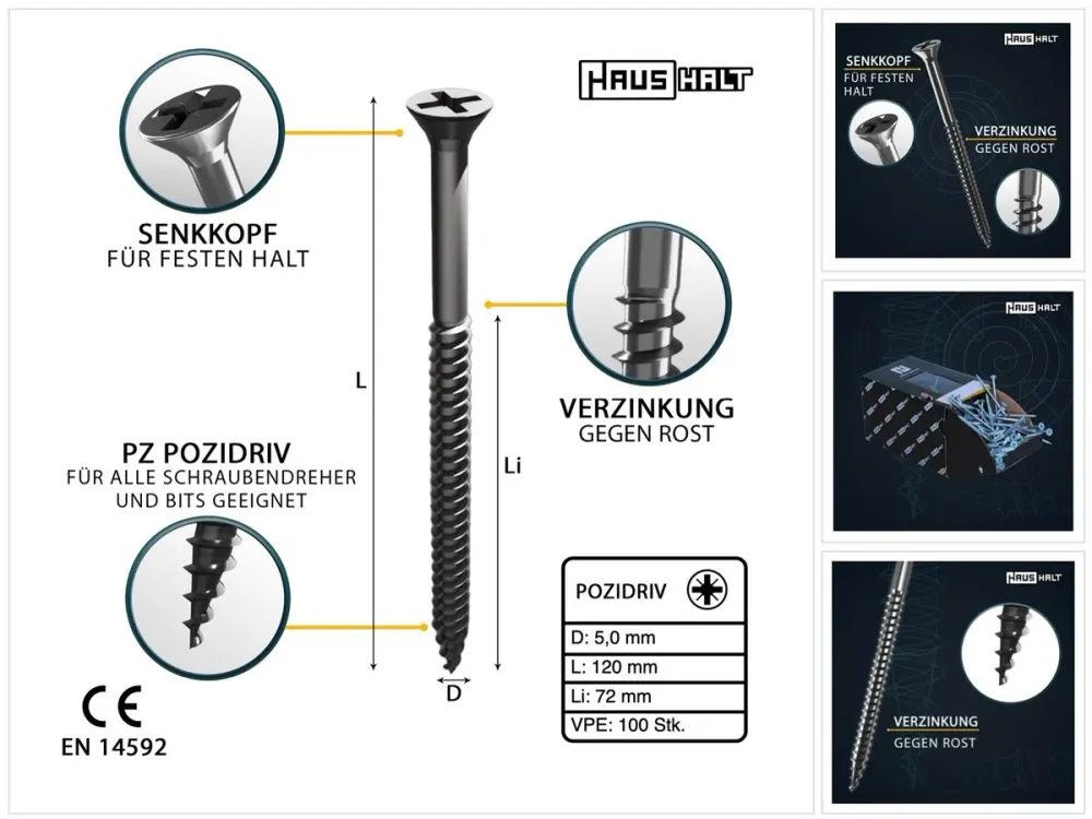 HausHalt Tornillo universal para madera 5,0 x 120 mm PZ2 - 100 piezas (000051371185)