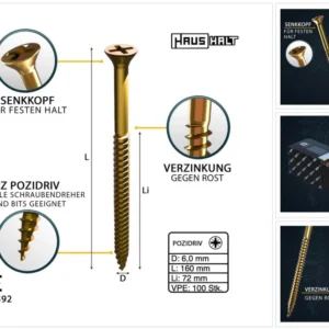 HausHalt Tornillo universal para madera 6,0 x 160 mm PZ3 - 100 piezas (000051371220)