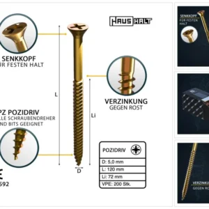 HausHalt Tornillo universal para madera 5,0x120mm - PZ2 - Zincado amarillo - Pozidriv en cruz - Cabeza avellanada - Rosca...