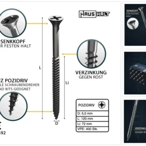 HausHalt Tornillo universal para madera 5,0x120mm - PZ2 - Plateado - Phillips Pozidriv - Cabeza avellanada - Rosca parcial...