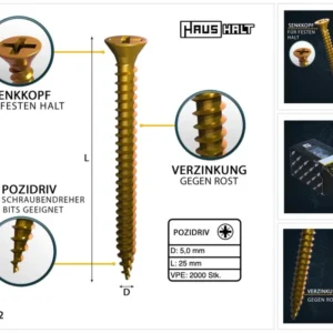 HausHalt Tornillo universal para madera 5,0x25mm - PZ2 - Zincado amarillo - Pozidriv en cruz - Cabeza avellanada - Rosca c...