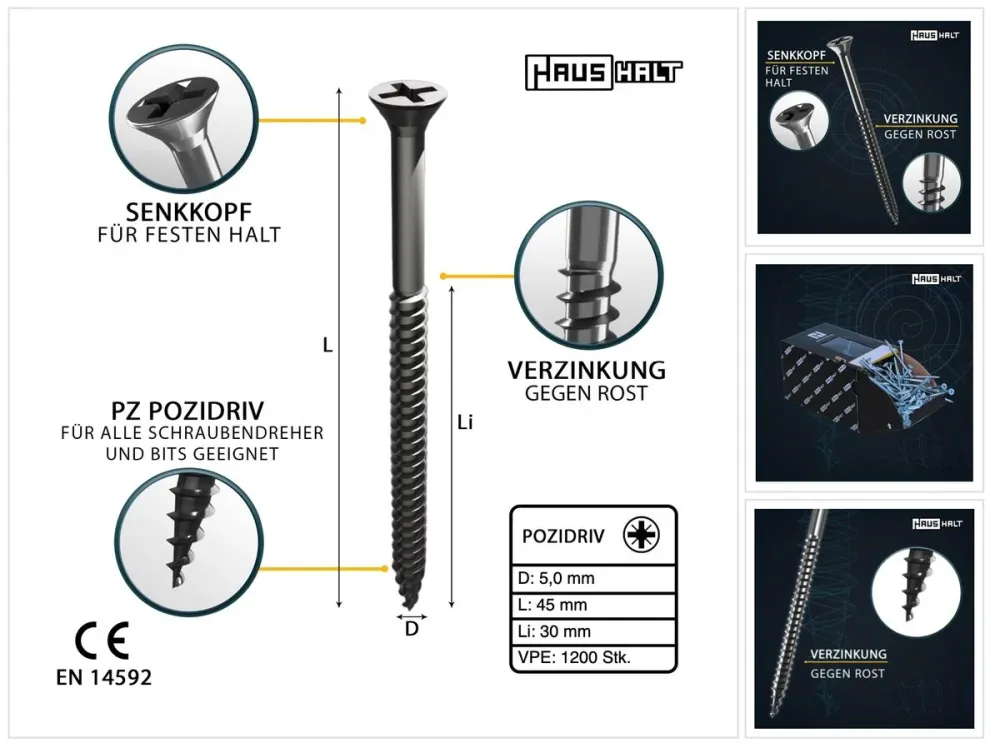 HausHalt Tornillo universal para madera 5,0x45mm - PZ2 - Plateado - Phillips Pozidriv - Cabeza avellanada - Rosca parcial...