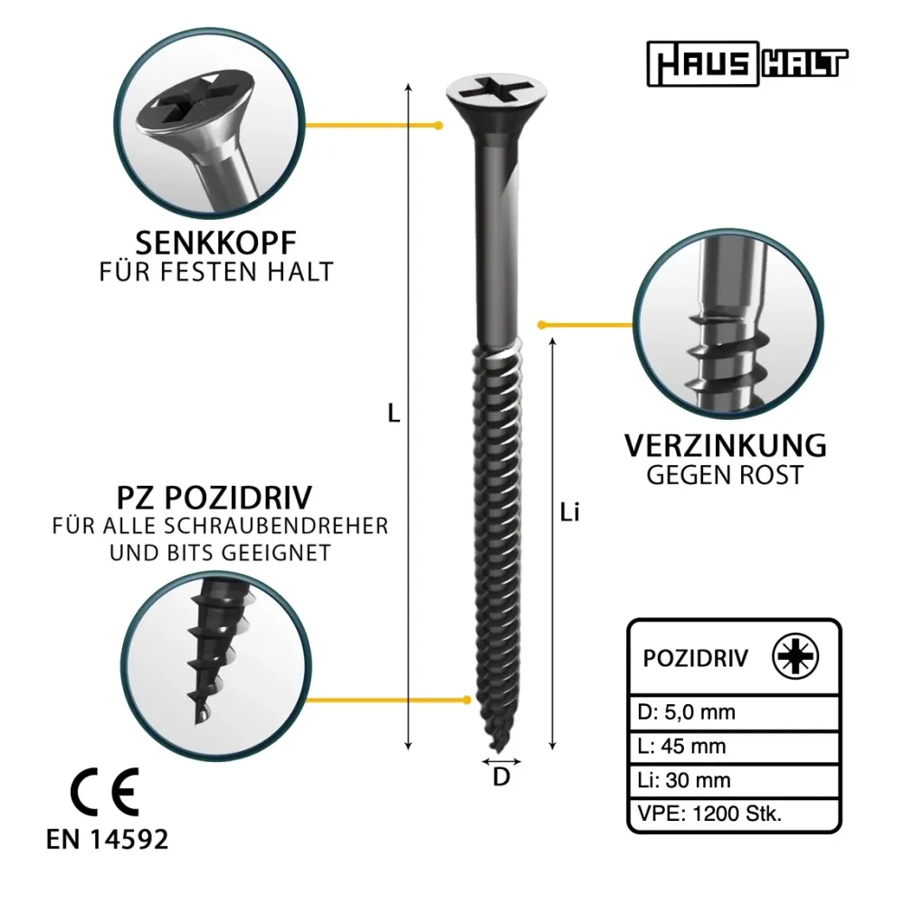 HausHalt Tornillo universal para madera 5,0x45mm - PZ2 - Plateado - Phillips Pozidriv - Cabeza avellanada - Rosca parcial...
