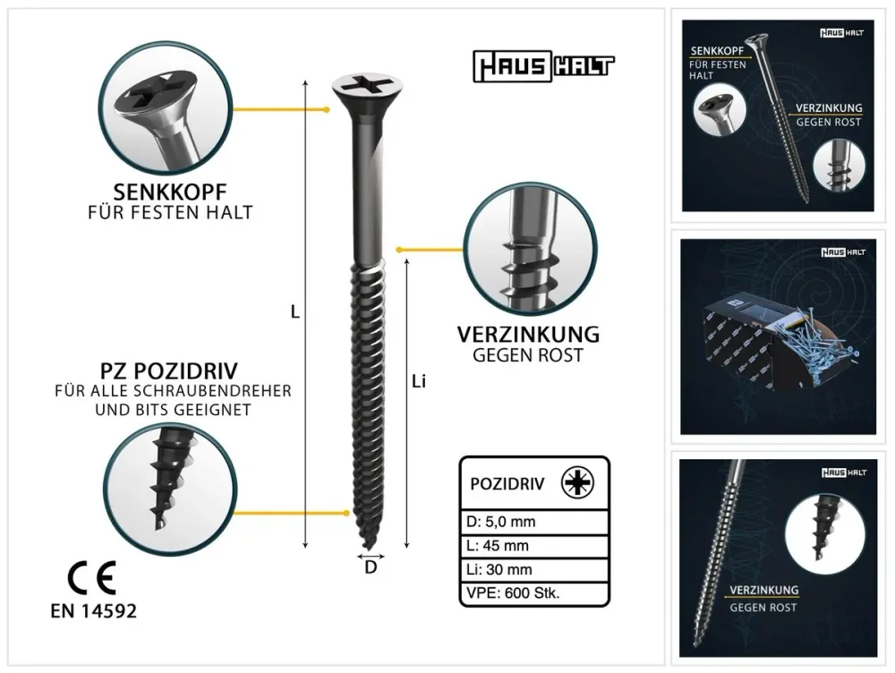 HausHalt Tornillo universal para madera 5,0x45mm - PZ2 - Plateado - Pozidriv cruciforme - Cabeza avellanada - Rosca parcia...