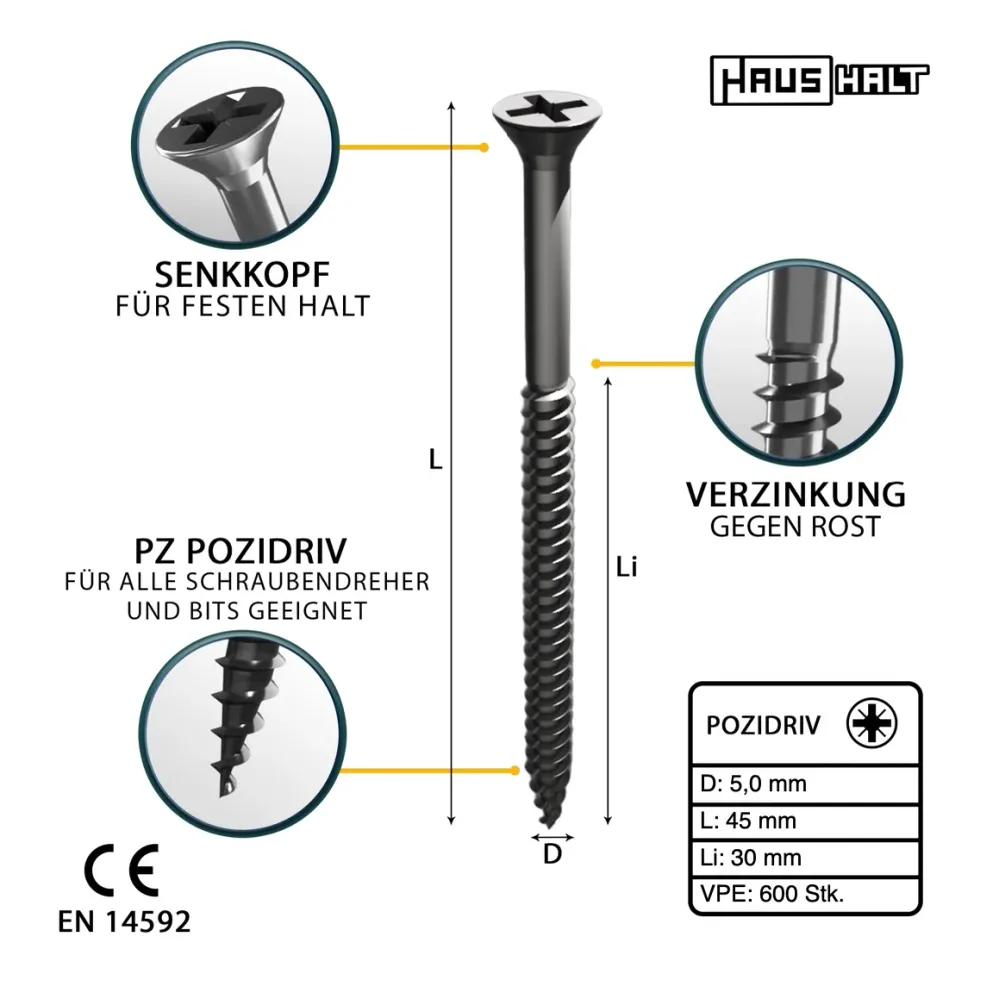 HausHalt Tornillo universal para madera 5,0x45mm - PZ2 - Plateado - Pozidriv cruciforme - Cabeza avellanada - Rosca parcia...