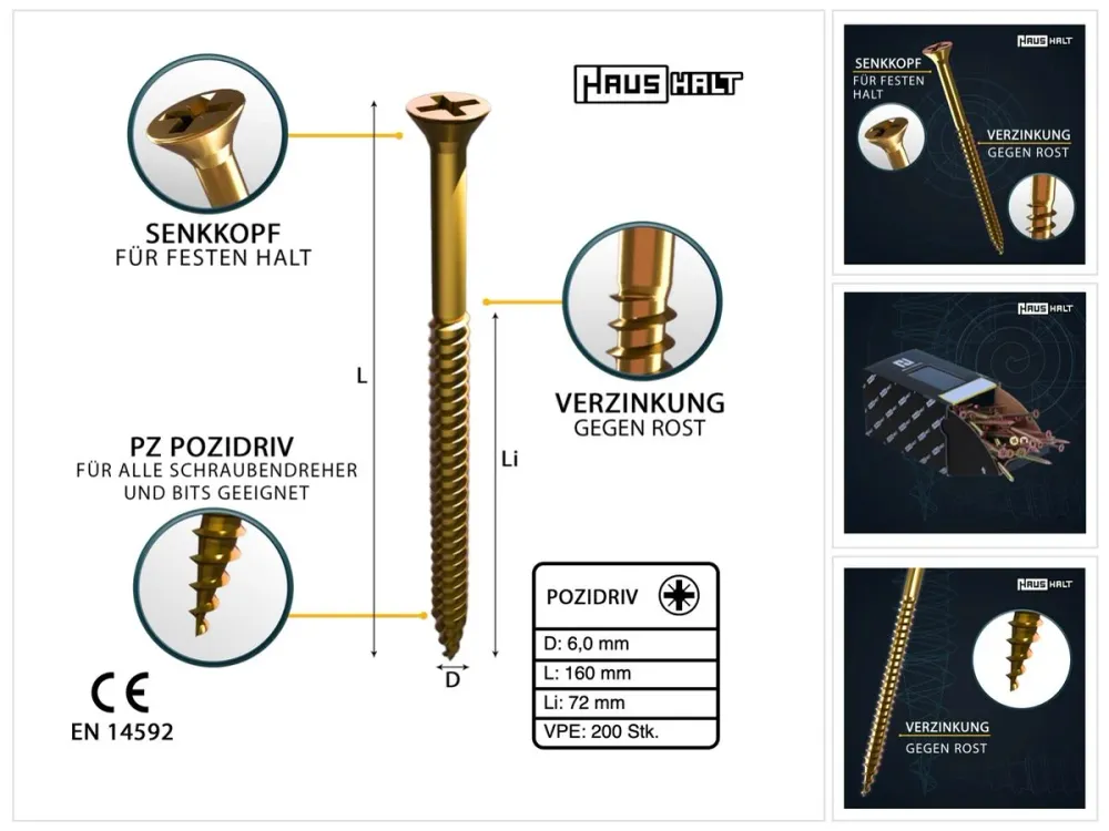 HausHalt Tornillo universal para madera 6,0x160mm - PZ3 - Zincado amarillo - Pozidriv cruciforme - Cabeza avellanada - Ros...