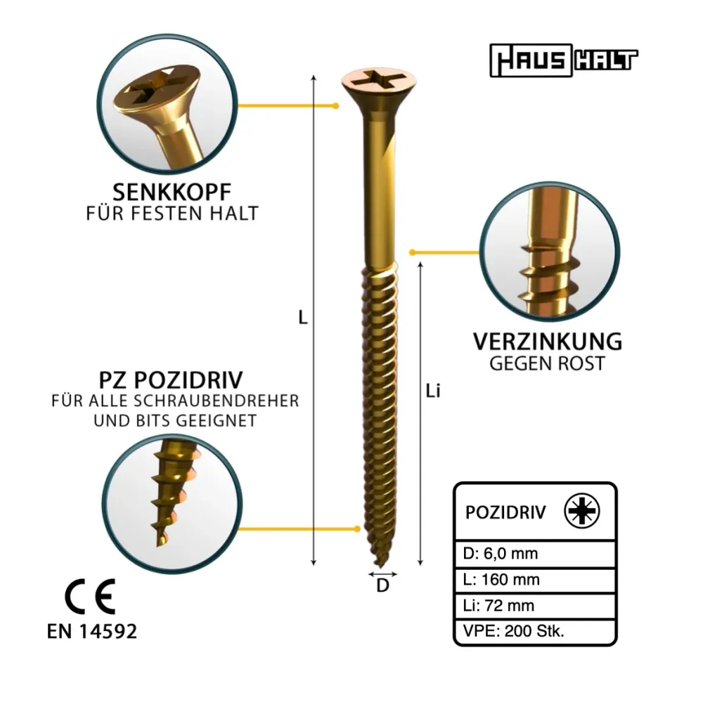 HausHalt Tornillo universal para madera 6,0x160mm - PZ3 - Zincado amarillo - Pozidriv cruciforme - Cabeza avellanada - Ros...