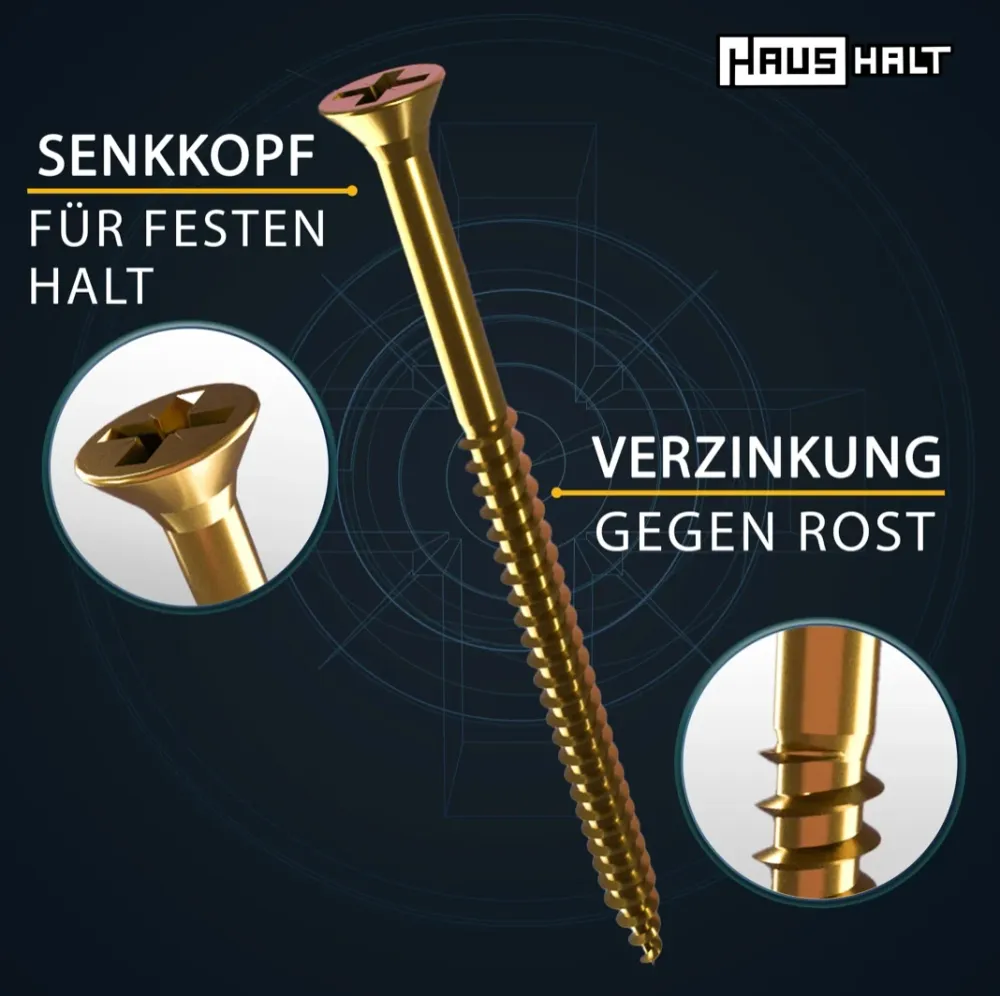 HausHalt Tornillo universal para madera 6,0x160mm - PZ3 - Zincado amarillo - Pozidriv cruciforme - Cabeza avellanada - Ros...