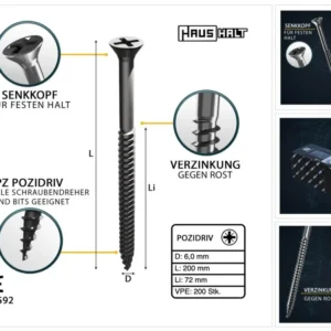 HausHalt Tornillo universal para madera 6,0x200mm - PZ3 - Zincado plateado - Pozidriv cruciforme - Cabeza avellanada - Ros...