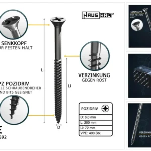 HausHalt Tornillo universal para madera 6,0x200mm - PZ3 - Plateado - Phillips Pozidriv - Cabeza avellanada - Rosca parcial...