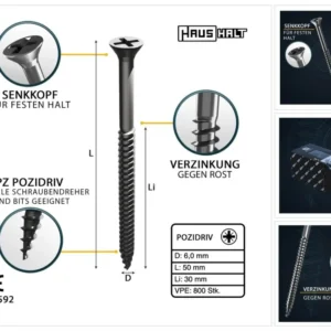 HausHalt Tornillo universal para madera 6,0x50mm - PZ3 - Zincado plateado - Pozidriv cruciforme - Cabeza avellanada - Rosc...