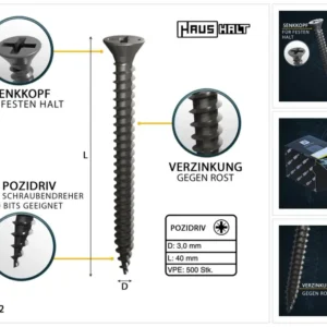 HausHalt Tornillo universal para madera 3,0 x 40 mm PZ1 - 500 piezas (000051371100)