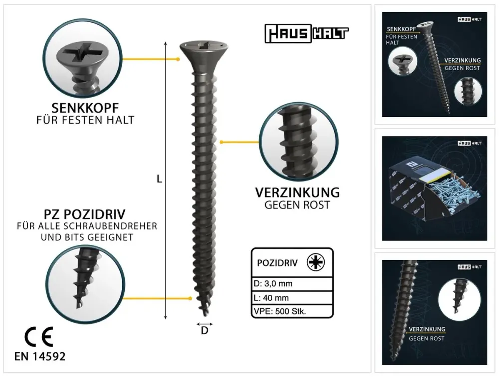 HausHalt Tornillo universal para madera 3,0 x 40 mm PZ1 - 500 piezas (000051371100)
