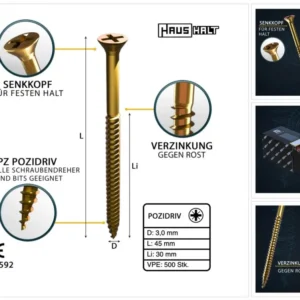 HausHalt Tornillo universal para madera 3,0 x 45 mm PZ1 - 500 piezas (000051371129)