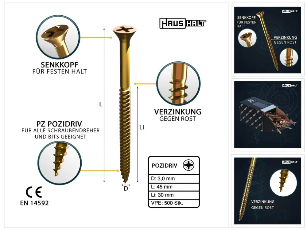 HausHalt Tornillo universal para madera 3,0 x 45 mm PZ1 - 500 piezas (000051371129)