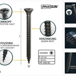 HausHalt Tornillo universal para madera 3,0 x 40 mm PZ1 - 2000 piezas (4x 000051371100)