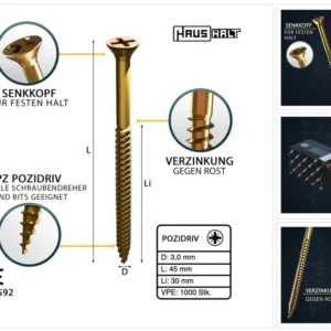 HausHalt Tornillo universal para madera 3,0 x 45 mm PZ1 - 1000 piezas (2x 000051371129)