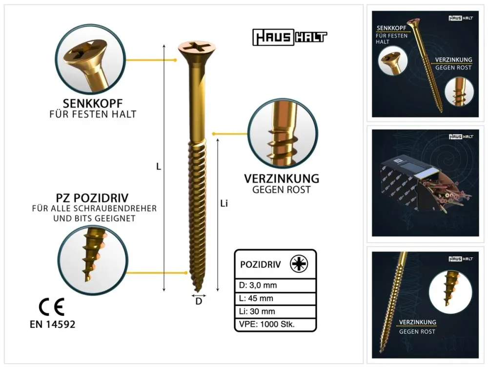 HausHalt Tornillo universal para madera 3,0 x 45 mm PZ1 - 1000 piezas (2x 000051371129)