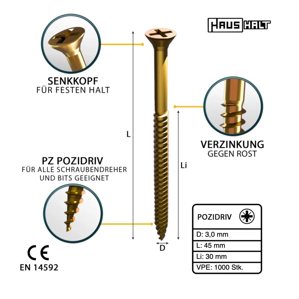 HausHalt Tornillo universal para madera 3,0 x 45 mm PZ1 - 1000 piezas (2x 000051371129)