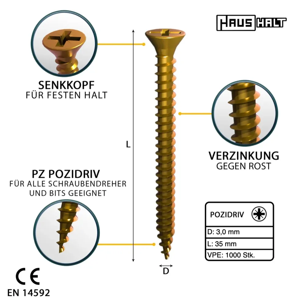 HausHalt Tornillo universal para madera 3,0 x 35 mm PZ1 - 1000 piezas (2x 000051371128)