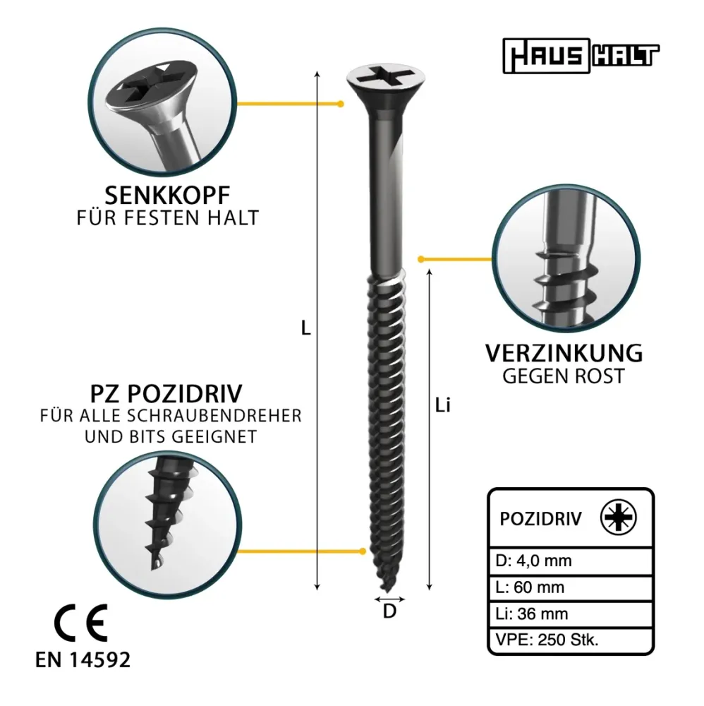 HausHalt Tornillo universal para madera 4,0 x 60 mm PZ2 - 250 piezas (000051371154)