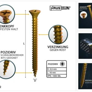 HausHalt Tornillo universal para madera 3,5 x 16 mm PZ2 - 1000 piezas (000051371131)
