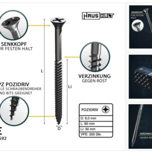 HausHalt Tornillo universal para madera 6,0 x 60 mm PZ3 - 200 piezas (000051371229)
