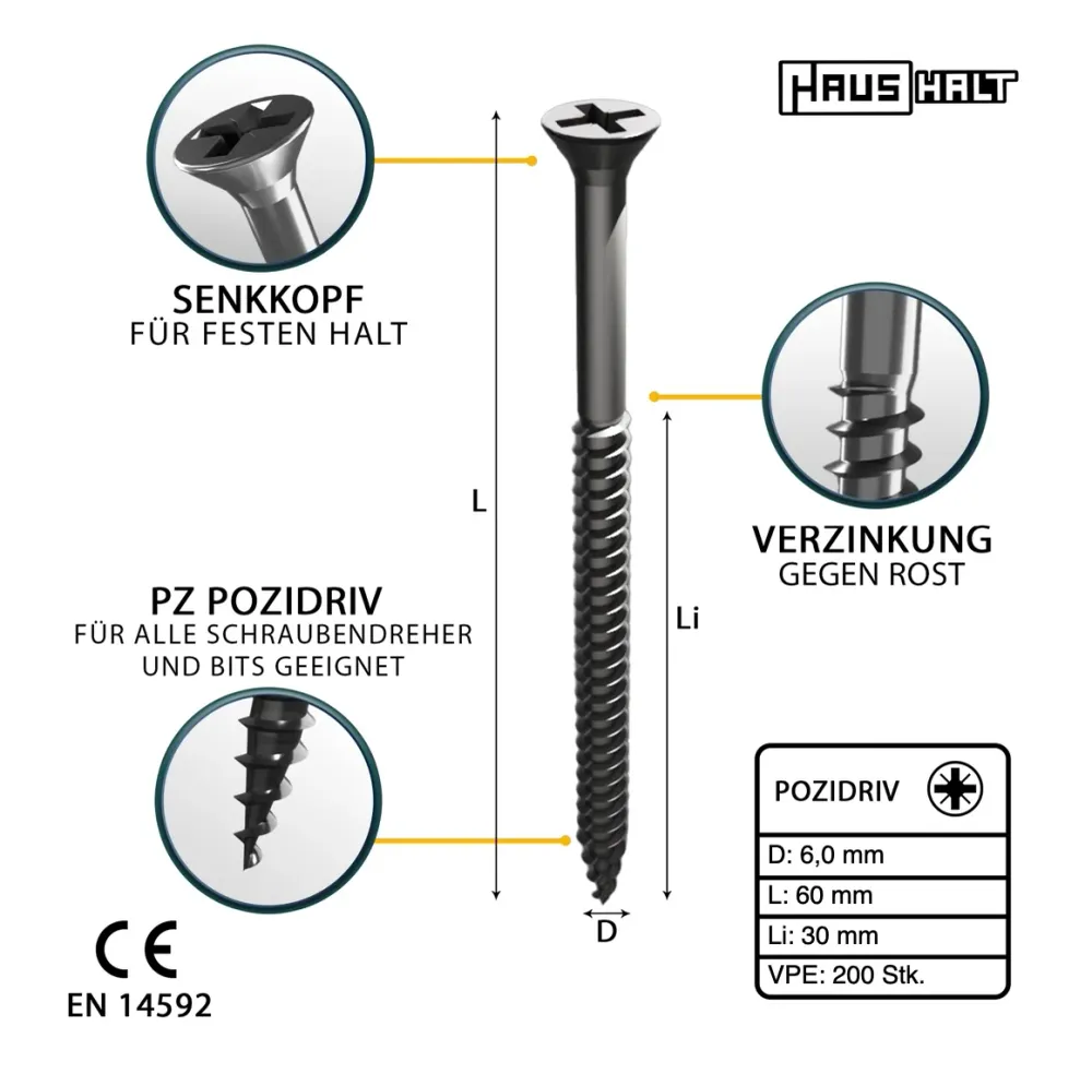 HausHalt Tornillo universal para madera 6,0 x 60 mm PZ3 - 200 piezas (000051371229)