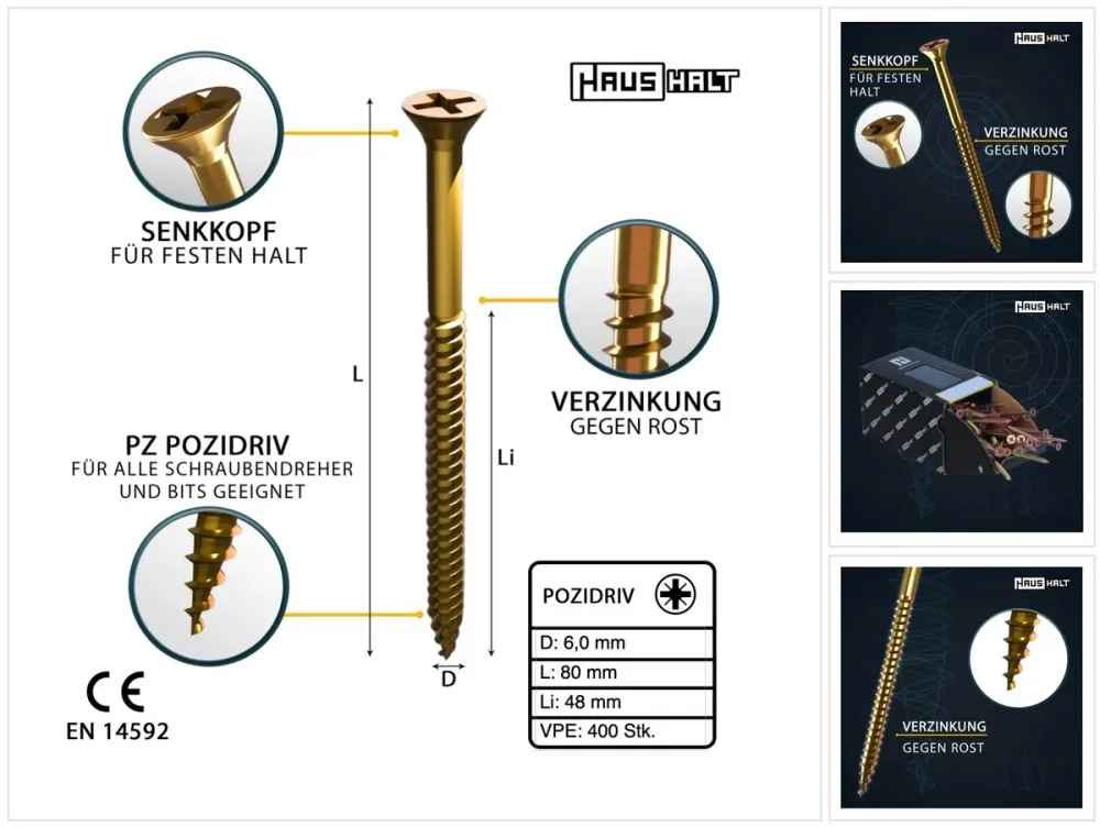 HausHalt Tornillo universal para madera 6,0 x 80 mm PZ3 - 400 piezas (000051371233) Phillips Pozidriv amarillo zincado ave...