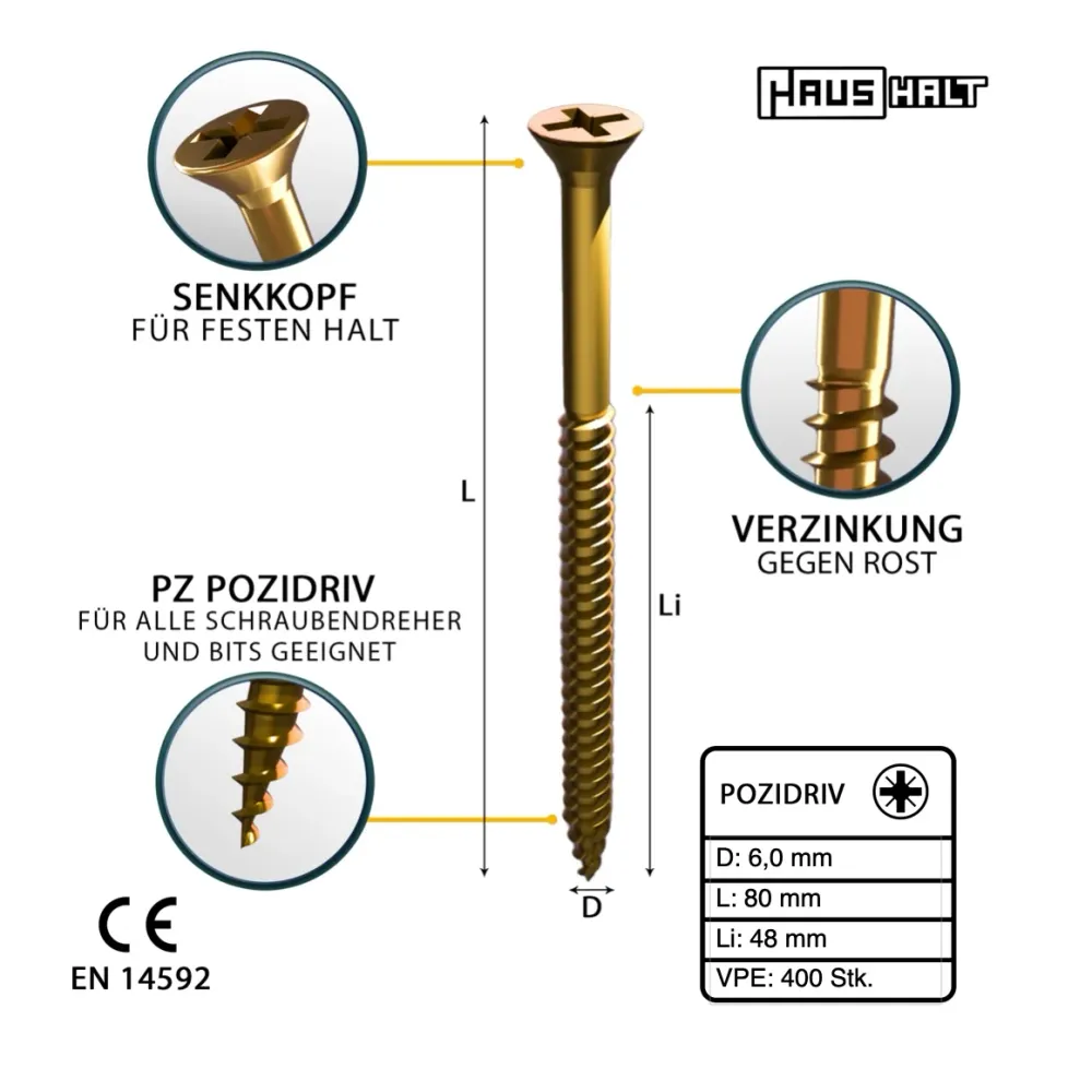 HausHalt Tornillo universal para madera 6,0 x 80 mm PZ3 - 400 piezas (000051371233) Phillips Pozidriv amarillo zincado ave...