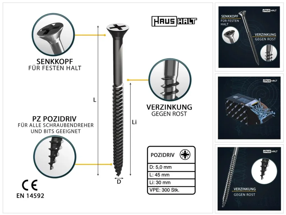 HausHalt Tornillos universales para madera 5,0 x 45 mm PZ2 - 300 piezas (000051371196)