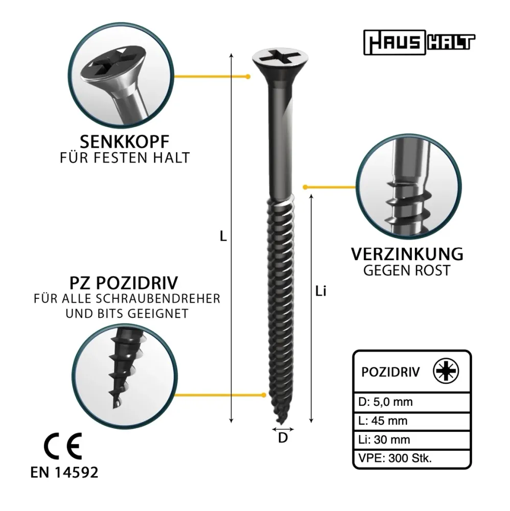 HausHalt Tornillos universales para madera 5,0 x 45 mm PZ2 - 300 piezas (000051371196)