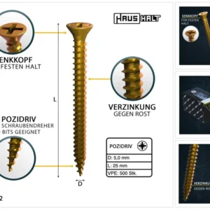 HausHalt Tornillos universales para madera 5,0 x 25 mm PZ2 - 500 piezas (000051371188)