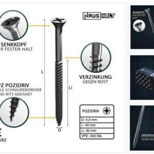 HausHalt Tornillos universales para madera 4,0 x 45 mm PZ2 - 400 piezas (000051371117)