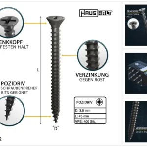 HausHalt Tornillos universales para madera 3,5 x 45 mm PZ2 - 400 piezas (000051371108)