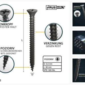 HausHalt Tornillos universales para madera 5,0 x 30 mm PZ2 - 500 piezas (000051371189)
