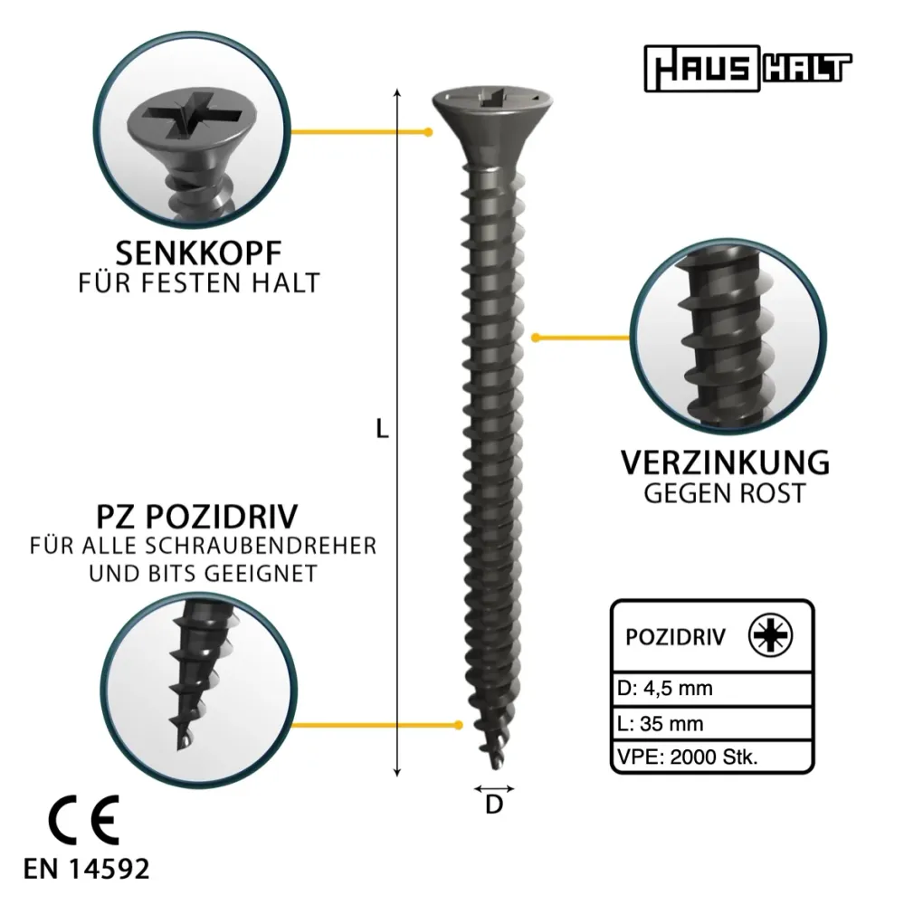 Tornillo de madera universal doméstico 4,5 x 35 mm PZ2 2000 piezas (4x 000051371164) plateado zincado Phillips Pozidriv av...