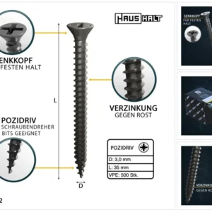 Tornillo de madera universal para el hogar 3,0 x 35 mm PZ1 500 piezas (000051371099) plateado zincado Phillips Pozidriv av...