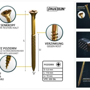Tornillo para madera universal doméstico 5,0 x 110 mm PZ2 200 piezas (2x 000051371184) rosca parcial avellanada Phillips P...