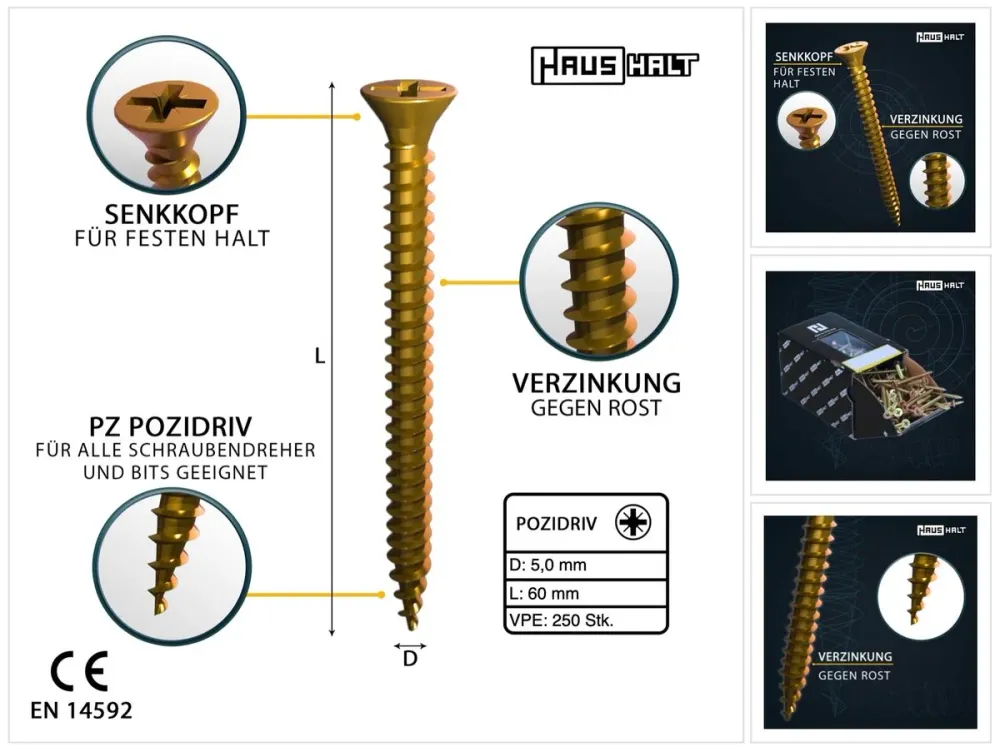 Tornillo para madera universal doméstico 5,0 x 60 mm PZ2 250 piezas (000051371202) rosca completa avellanada Phillips Pozi...