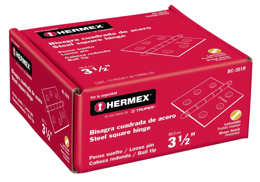 Hermex BC-351R Bisagra cuadrada 3-1/2', acero latonado, redonda