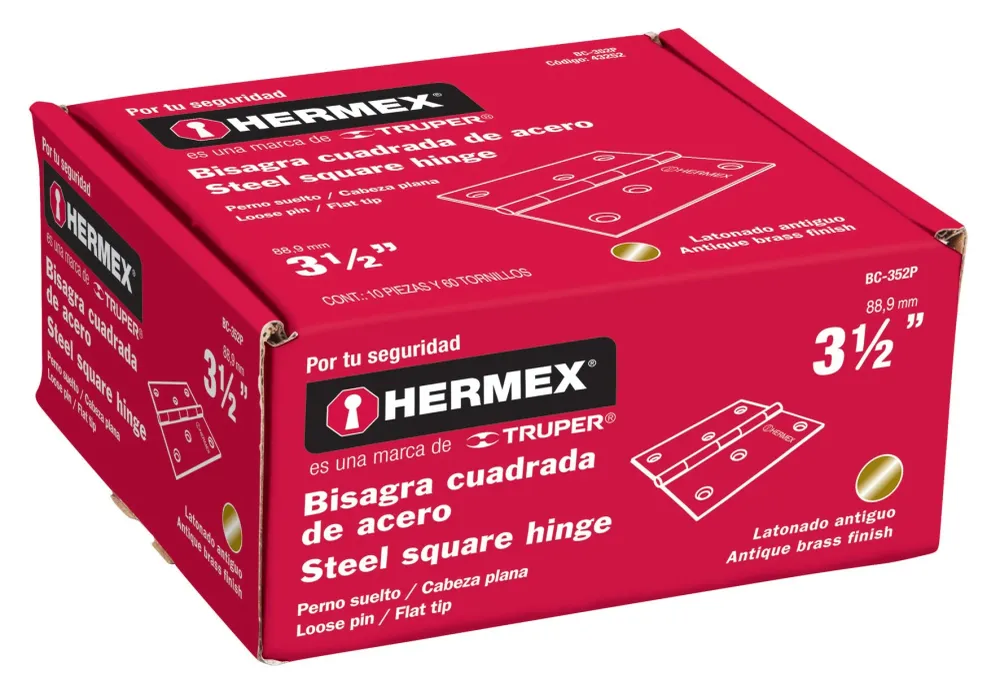 Hermex BC-352P Bisagra cuadrada 3-1/2', acero latonado antiguo, plana
