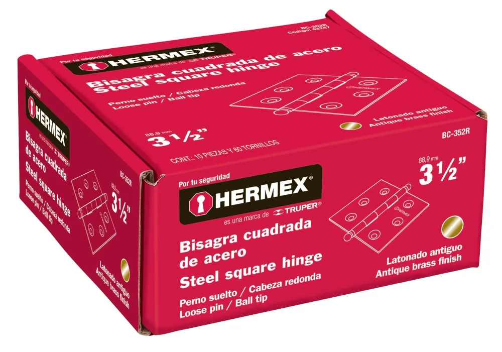 Hermex BC-352R Bisagra cuadrada 3-1/2', acero latonado antiguo, redonda